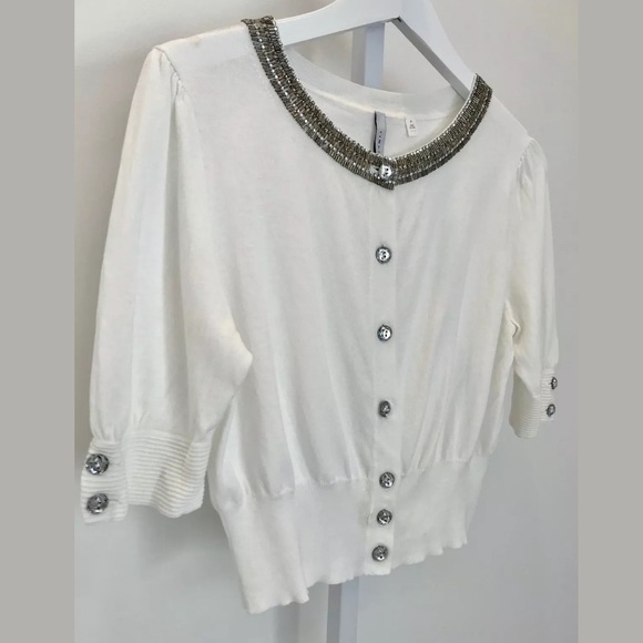 IISLI WHITE EMBELLISHED CROPPED CARDIGAN SWEATER P